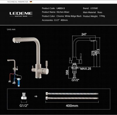 Смеситель LEDEME L4055W-3 для фильтра